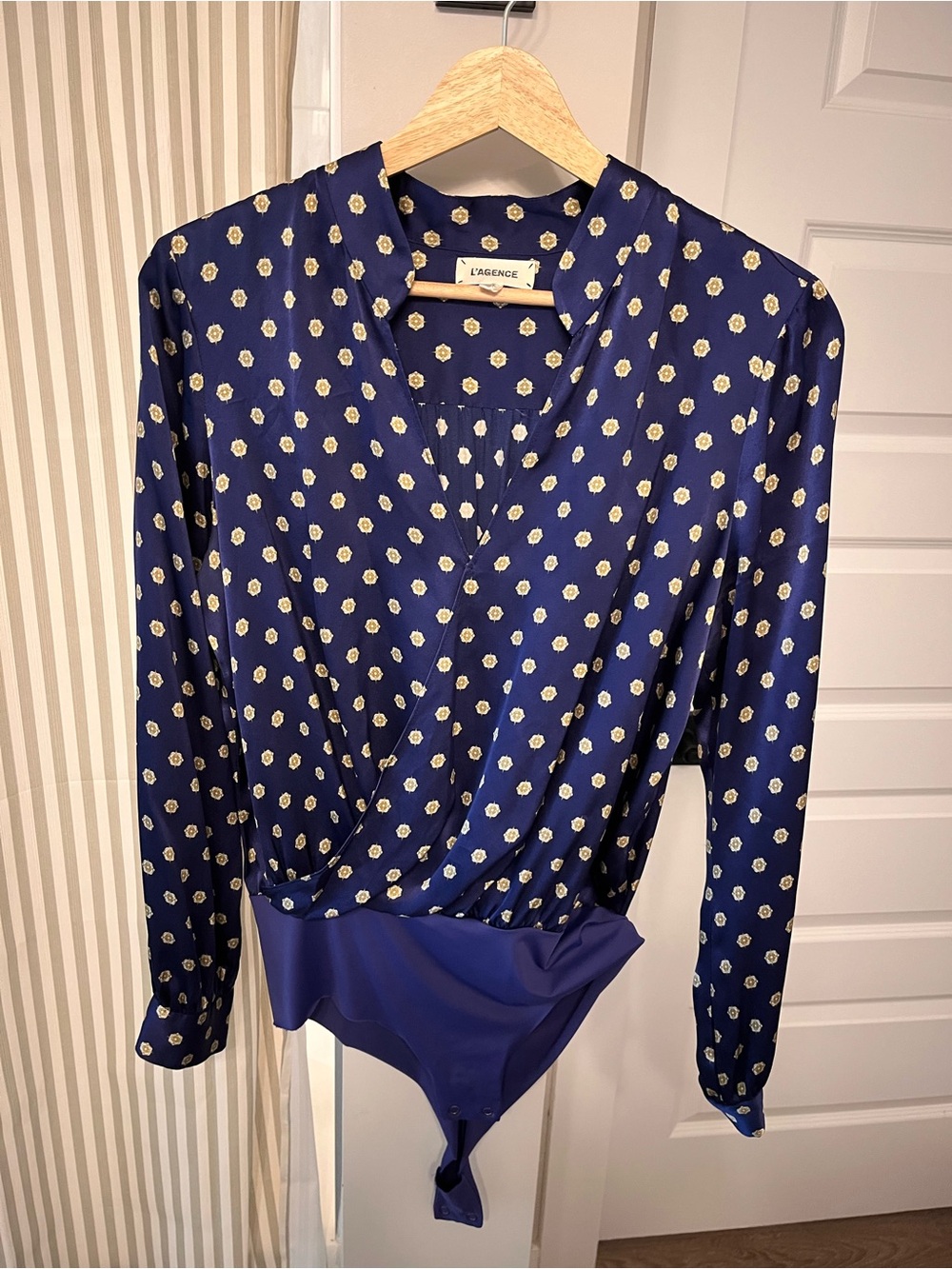 L'AGENCE Navy 100% Silk wrap blouse/bodysuit
